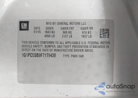 2015 Chevrolet Cruze 1Lt Auto из США, поврежденный, VIN 1G1PC5SB9F7179438